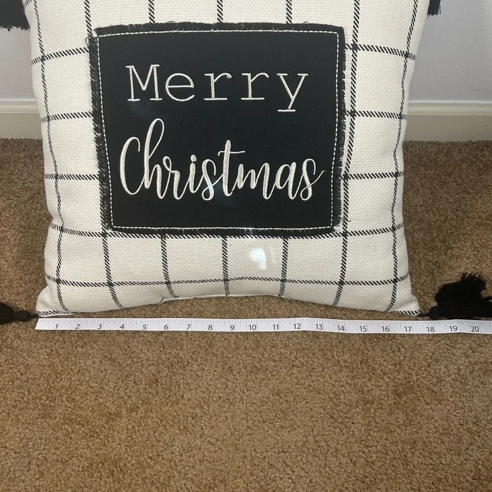 Merry Christmas Black and Cream Plaid Decorative Throw Pillow with Tassels 18x18